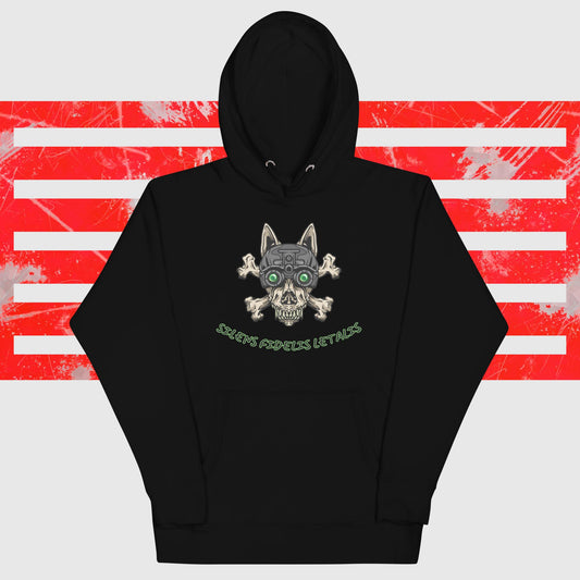 K9 skull and crossbones with night vision goggles, chest-left, black premium hoodie